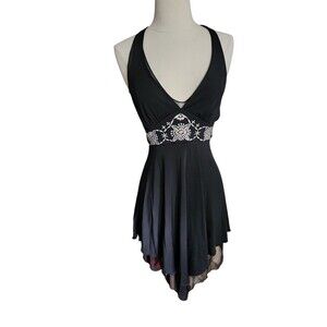 Vintage Heart Moon Star 90s Babydoll Halter Dress Juniors XS Black Fairy Grunge